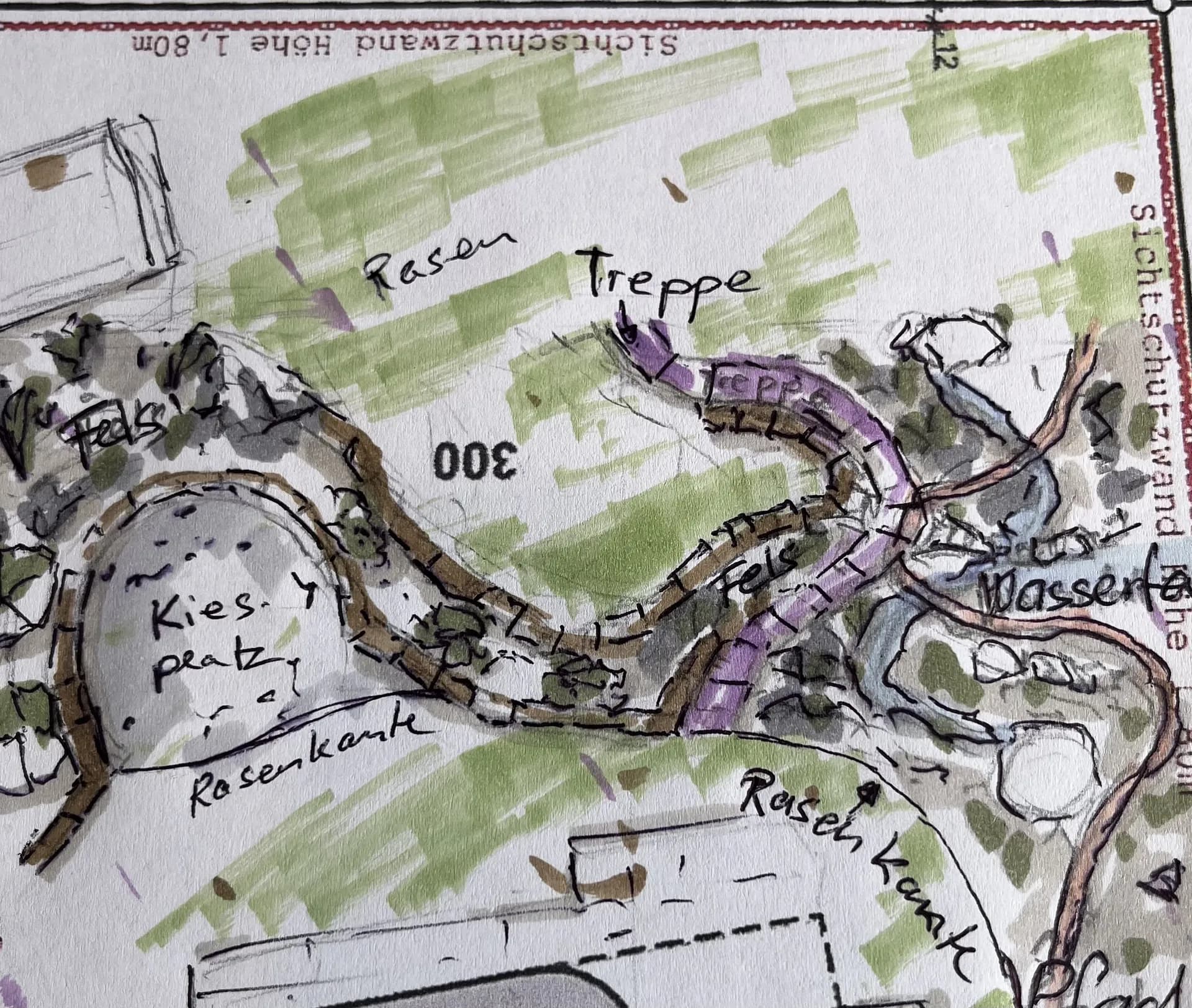 Planungsskizze mit Treppe und Kiesplatz