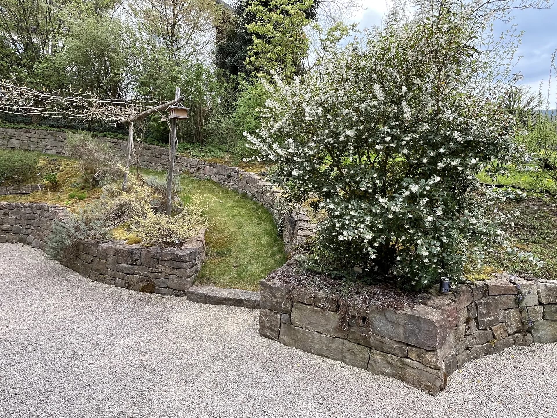 Geschwungene Trockensteinmauer an der Gartenterrasse